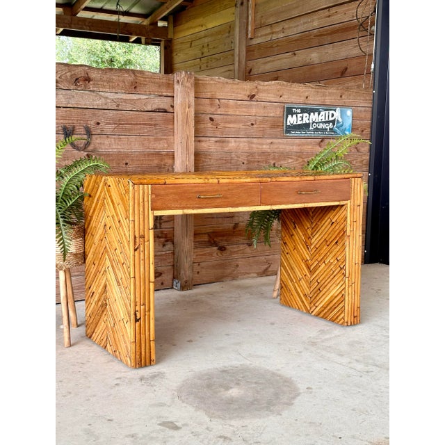 Vintage Geometric Split Bamboo Desk Console or Vanity With Two Drawers For Sale - Image 12 of 12