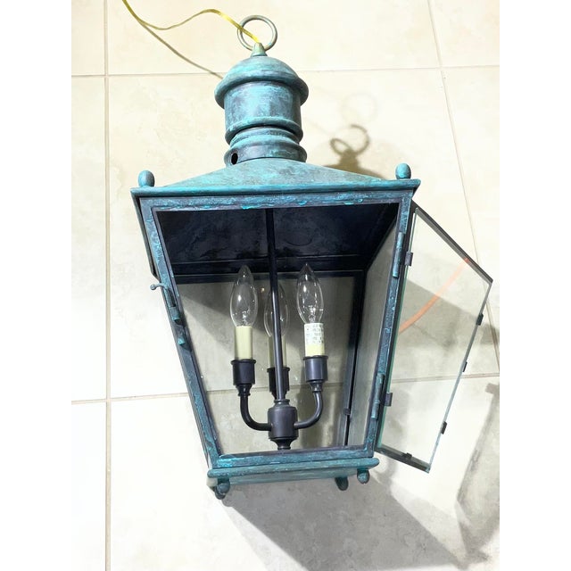 Turquoise Single Vintage Brass Hanging Lantern - 12”x 12”x 24” For Sale - Image 8 of 17