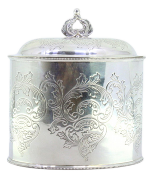 Silver Tea Box with Engraved Plant Motifs, Pearly Friezes Edge and Cut-Out Handle Lid
