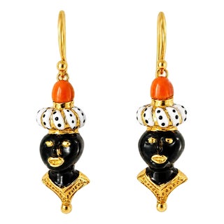 Mid 20th Century Pair of 18k Gold Enamel Black Coral Amour Americana Drop Estate Earrings For Sale