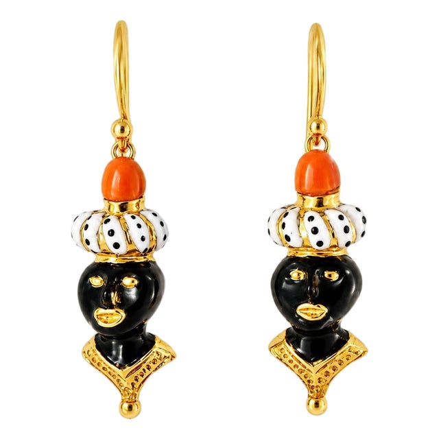 Mid 20th Century Pair of 18k Gold Enamel Black Coral Amour Americana Drop Estate Earrings For Sale