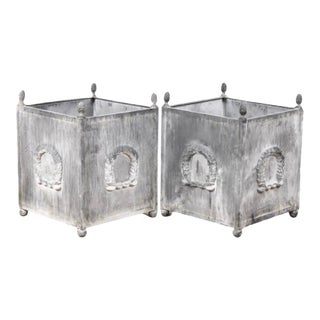 Pair of Neoclassical Metal Planters, Grey Patina, Laurel Wreath Motif For Sale