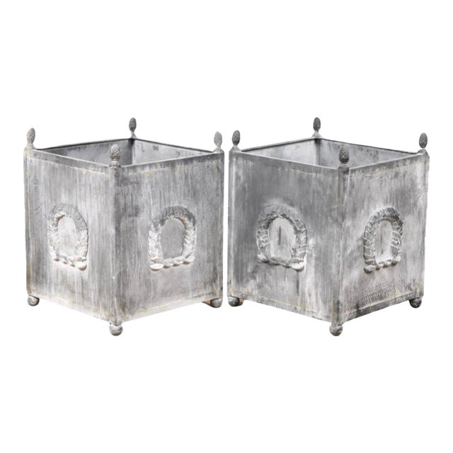 Pair of Neoclassical Metal Planters, Grey Patina, Laurel Wreath Motif For Sale