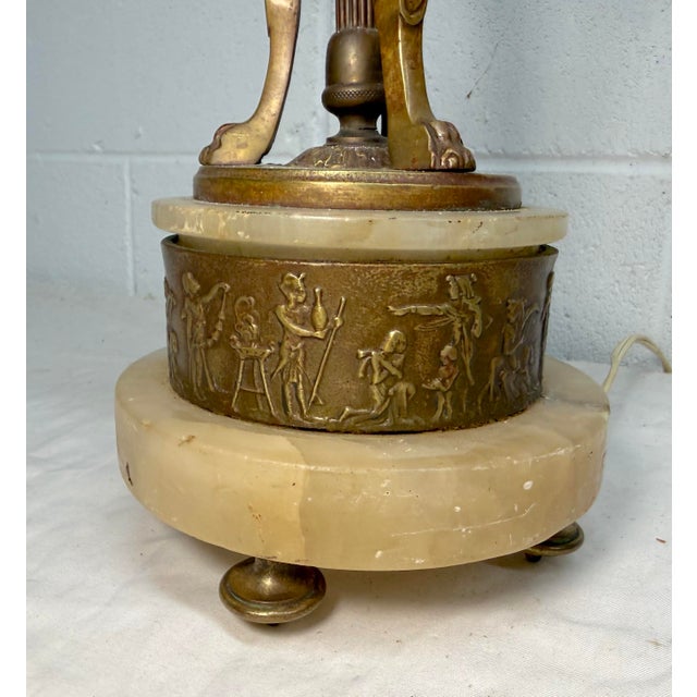 Metal Large Antique Ornate Hand Carved Figural Alabaster Bronze Electric Table Lamp For Sale - Image 7 of 13
