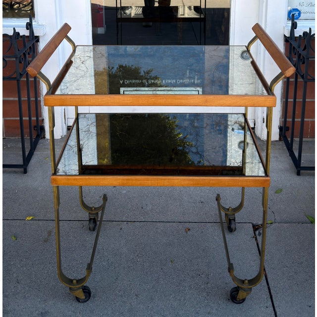 1970’s Italian Walnut & Venetian Mirrored Cocktail Cart Dry Bar.