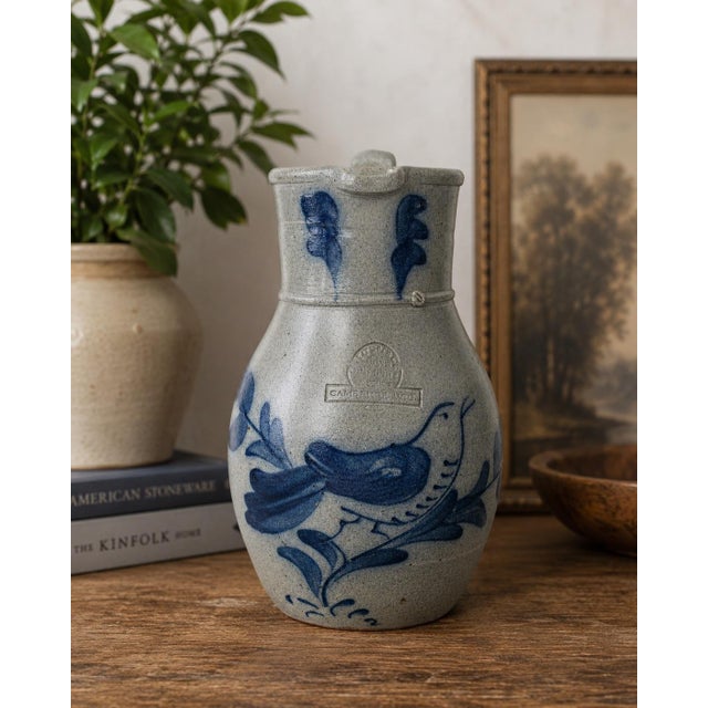 Gray Vintage Rowe Pottery Works Wisconsin Salt-Glazed Stoneware Cobalt Bird Pitcher For Sale - Image 8 of 8