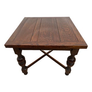 Early 20th Century English Tudor Expansion Table Turned Baluster Legs Quarter Sawn Oak, X-Stretcher For Sale