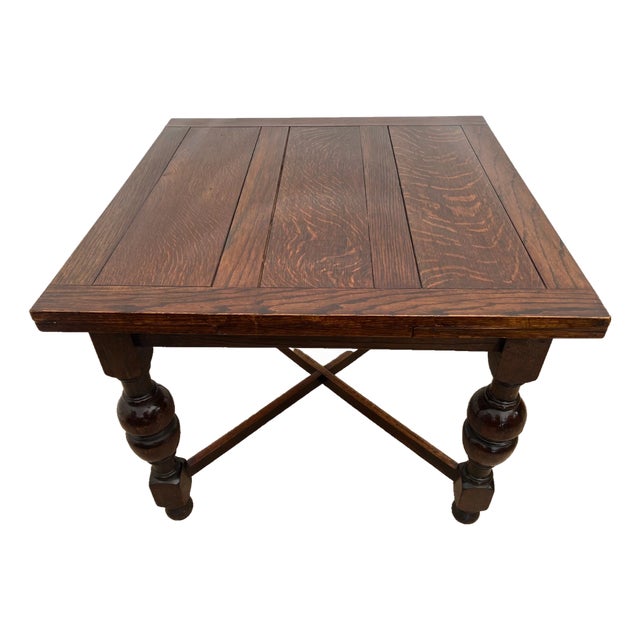 Early 20th Century English Tudor Expansion Table Turned Baluster Legs Quarter Sawn Oak, X-Stretcher For Sale