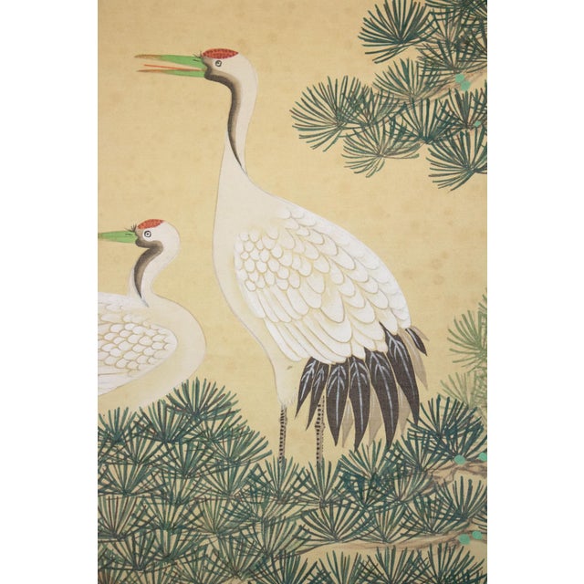 "Cranes and the Big Pine Tree", Showa Era Japanese Silk Scroll Painting For Sale - Image 10 of 17