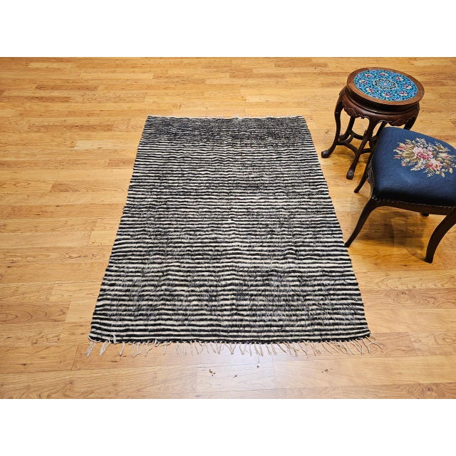 Vintage Turkish Tulu Rug, Handwoven, Shaggy Wool Pile, Stripe Design, 4' x 6' For Sale - Image 13 of 14