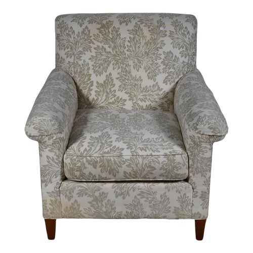 Mid 20th Century Baker Furniture Traditional Club Arm Chair White & Green Foliate Cotton Print