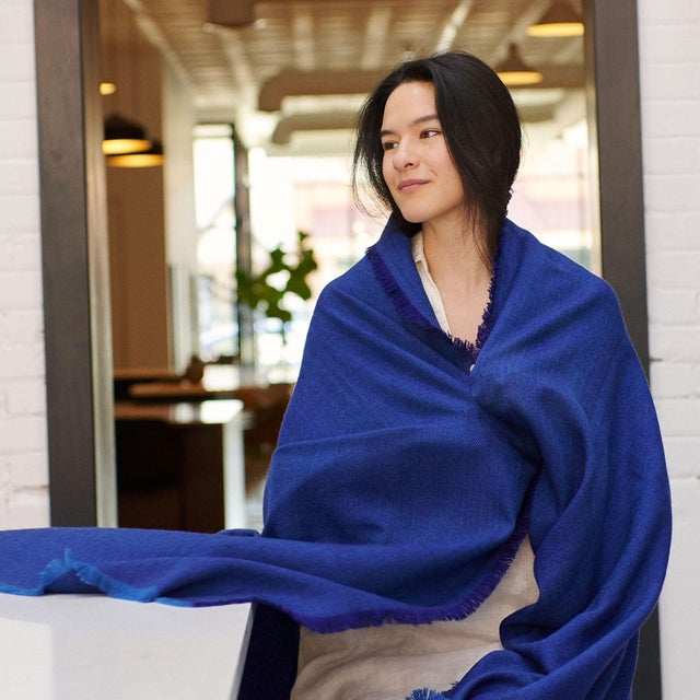 Cobalt Blue Herringbone Plush Soft Merino Handwoven Throw For Sale In Detroit - Image 6 of 8