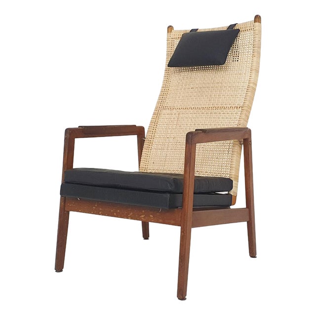 Rattan and Leather High-Back Lounge Chair by P. J. Muntendam for Gebrüder Jonkers, Netherlands, 1950s For Sale