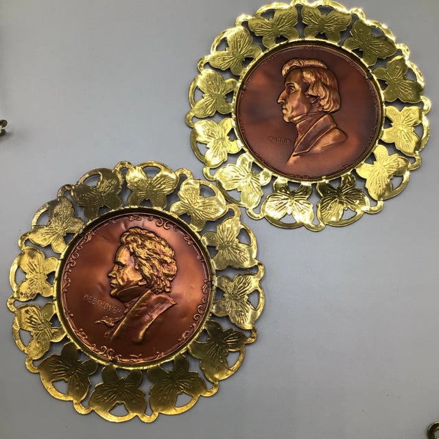 Wall Plates Influential Composers Stamped on Yellow Brass and Butterfly Filigree Made in England-Set of 6 For Sale - Image 10 of 13