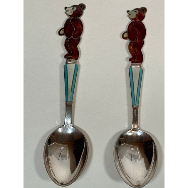 Vintage Estonian Tallinn 916 Silver & Enamel Bear Spoons — Set of 8 For Sale - Image 6 of 11