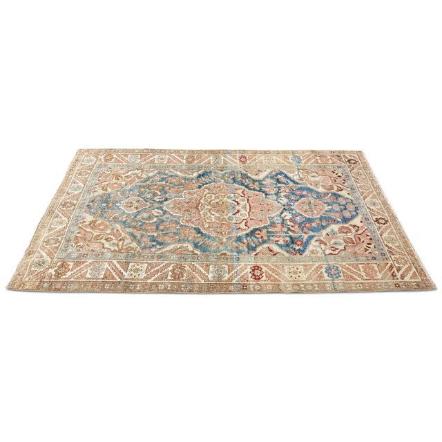 Antique Floral Medallion Rug 4x6 | Blue, Dusty Pink & Red For Sale - Image 4 of 5