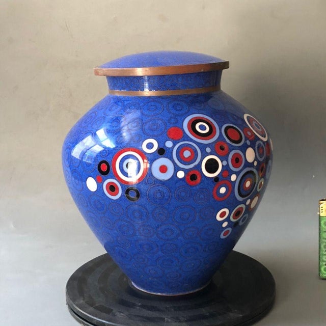 Vintage Cloisonné Enamel Geometric Polka Dot Lidded Jar / Tea Caddy For Sale - Image 4 of 9