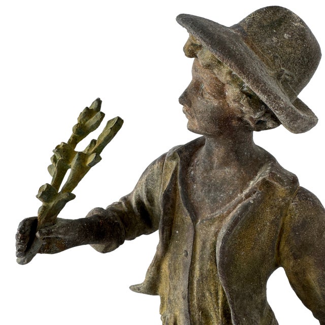 Antique French Louis Guillemin Signed Spelter “Jardinier” Sculpture For Sale - Image 11 of 17
