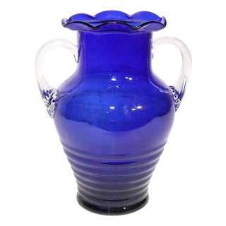 Mid 20th Cobalt Glass Handled Vase Att. To Fostoria For Sale
