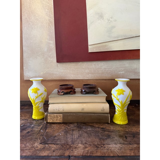 1950s Pair of Mid-Century Peking Glass Vases With Carved Yellow Floral and Butterfly Motif | Chinese Overlay Glass on Wood Stands For Sale - Image 5 of 10