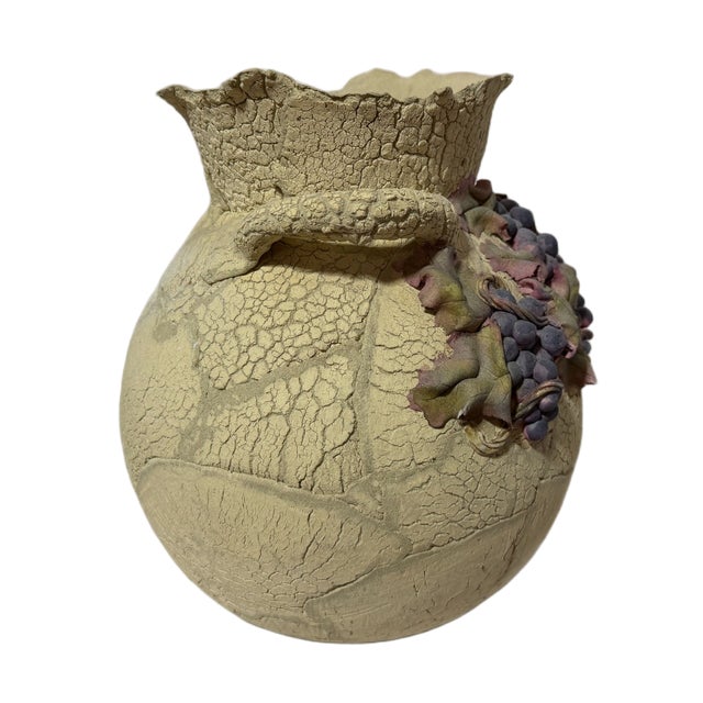 Vintage Large Sculptural Art Pottery Grape Motif Amphora Style Vase - Artist Signed For Sale - Image 4 of 6