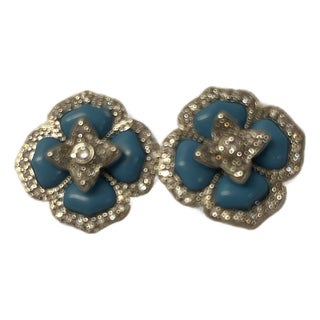 Turquoise/Cz Floral Earrings, Pair For Sale