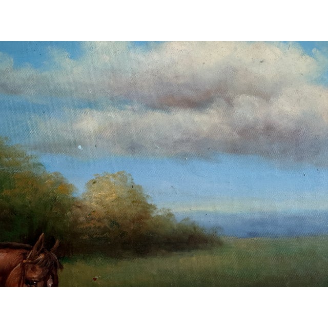 Classic oil painting on canvas depicting a traditional hunting scene with riders on horseback accompanied by hounds moving...