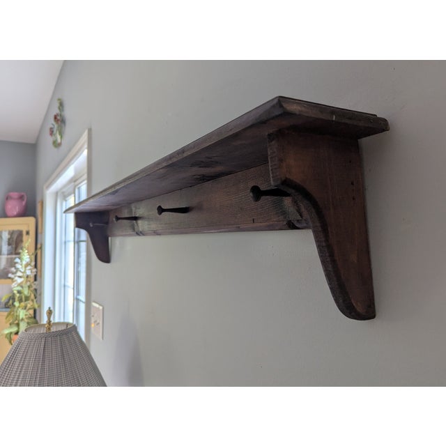 Early 20th Century Vintage Farmhouse Cottage Wooden Wall Shelf With Peg Hooks For Sale - Image 5 of 11