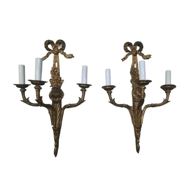 Metal Pair of French Empire Gilt Bronze Sconces, Circa 1890s For Sale - Image 7 of 9