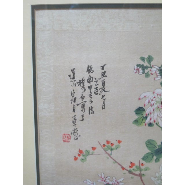 Early 20th Century Chinese Colorful Flower Blossoms & Flying Blue Bird Framed Painting on Cloth For Sale - Image 5 of 6