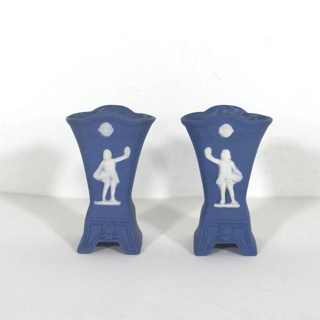 Set of two blue and white Jasper ware miniature vases, Wedgwood style. These sweet little porcelain vases are so delicate...