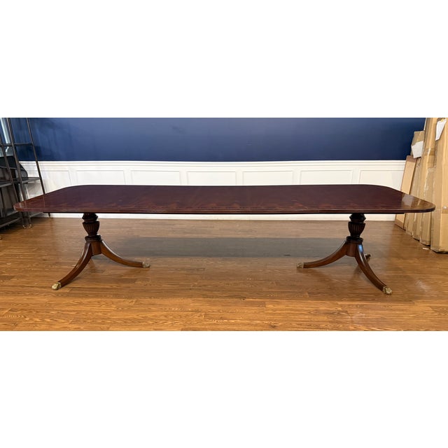 Leighton Hall Furniture Traditional Multi-Banded Double Pedestal Mahogany Dining Table by Leighton Hall - Showroom Sample For Sale - Image 4 of 18