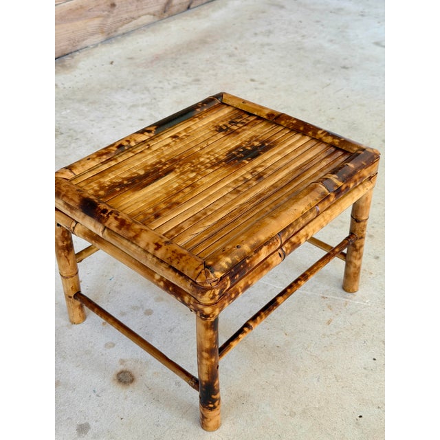 English Vintage British Colonial Coastal Scorched Bamboo Stool or Decorative Accent Table For Sale - Image 3 of 11