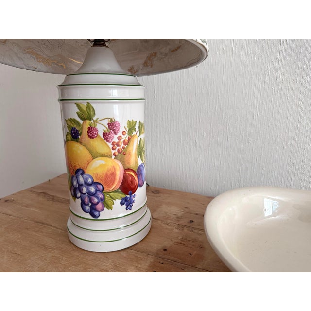 Vintage Fruit Transfer Ware Lamp With Pleated Shade For Sale In Greenville, SC - Image 6 of 12