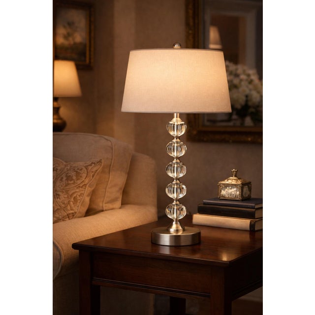 Contemporary Vintage Crystal Globe Column Table Lamp With Brushed Nickel Base — 21” H For Sale - Image 3 of 4