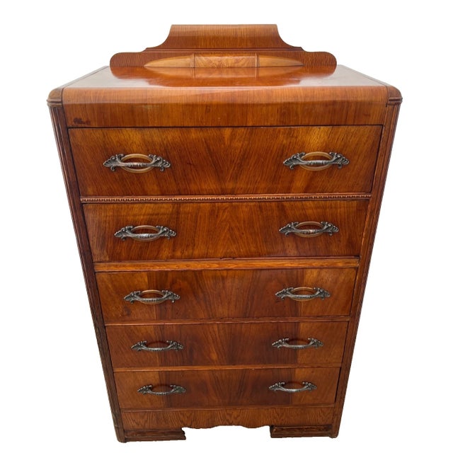 1920s 1920s Gorgeous Art Deco Dresser Chest, Rare Five Drawers, Bakelite and Brass Pulls, Waterfall Top For Sale - Image 5 of 11