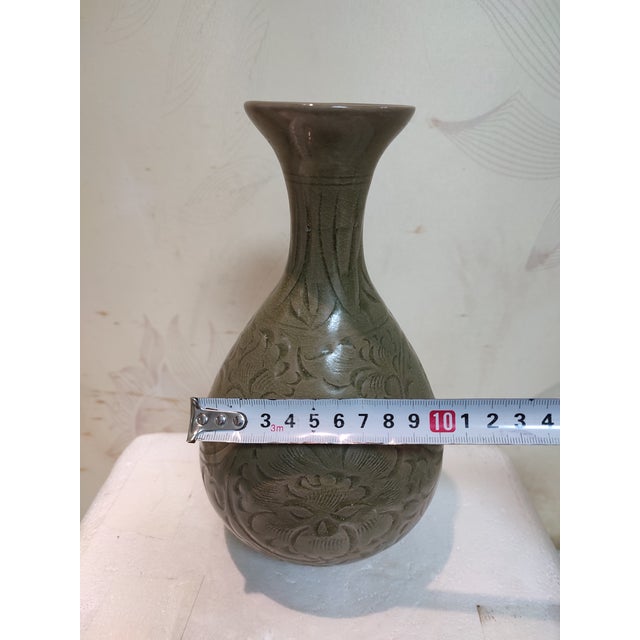 Chinese Ceramic Vase Yaozhou Ware Celadon Yuhuchun Vase Hand Carved Flowers Pattern For Sale - Image 9 of 10
