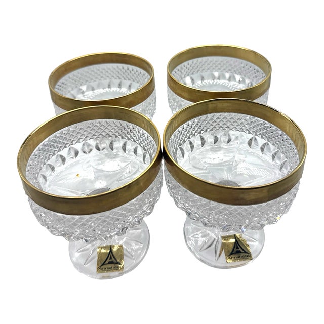 Vintage Annahutte Bleikristall Cut Crystal Champagne Coupes With Brass Collars - Set of 4 For Sale