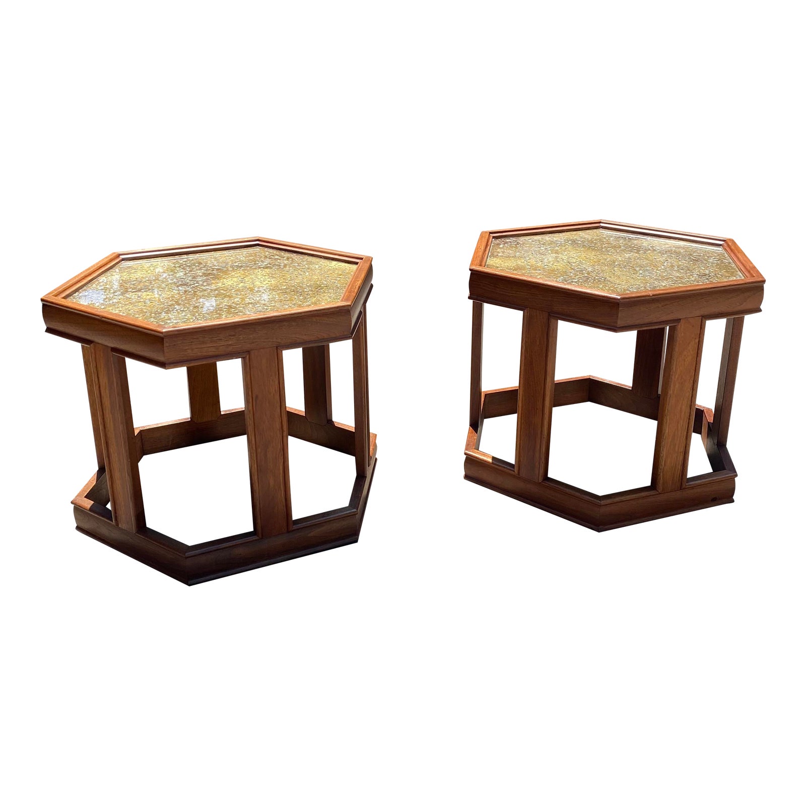 1960s Pair of John Keal MidCentury Hexagonal Reverse Painted Glass and