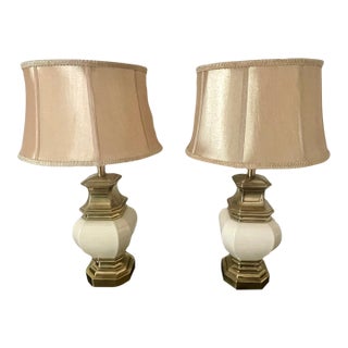 Vintage Stiffel Hollywood Regency Style Brass & Cream Porcelain Table Lamps- A Pair For Sale