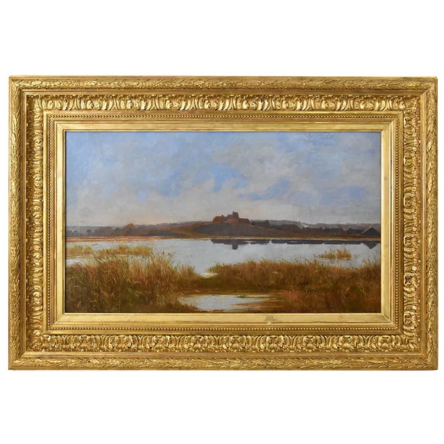 Louis-René Boulanger, River Landscape with Village, 19th Century, Oil on Canvas, Framed For Sale