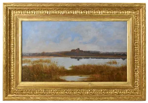 Louis-René Boulanger, River Landscape with Village, 19th Century, Oil on Canvas, Framed