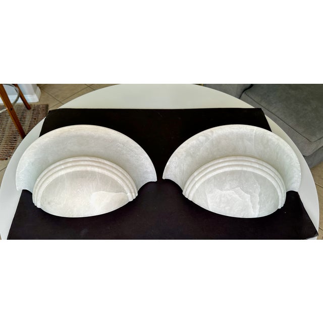 1960s Pair Half Moon Art Deco Style Alabaster Wall Sconces For Sale - Image 5 of 17
