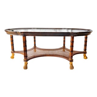 Vintage Large English Regency Style Faux-Bamboo Coffee Table With Caned Tier & Gilt Lion Paw Feet For Sale