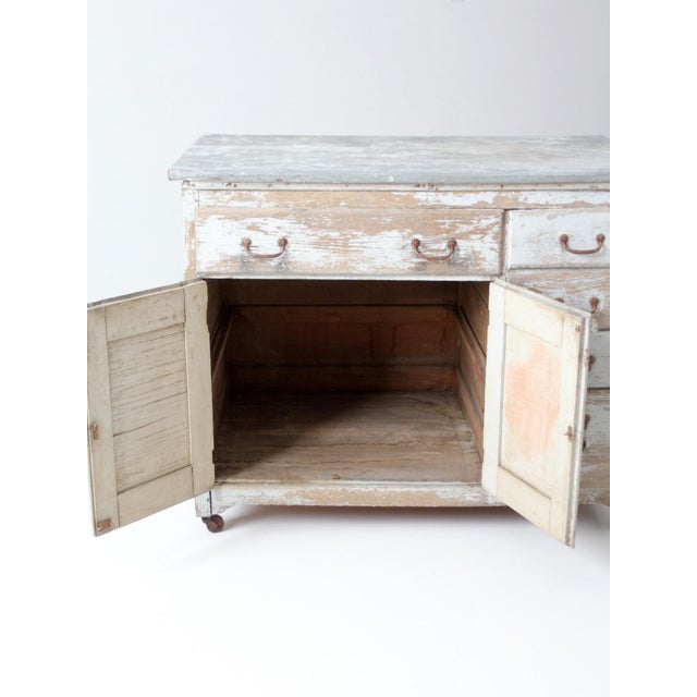 Farmhouse Antique Farmhouse Kitchen Work Table With Galvanized Top For Sale - Image 3 of 18