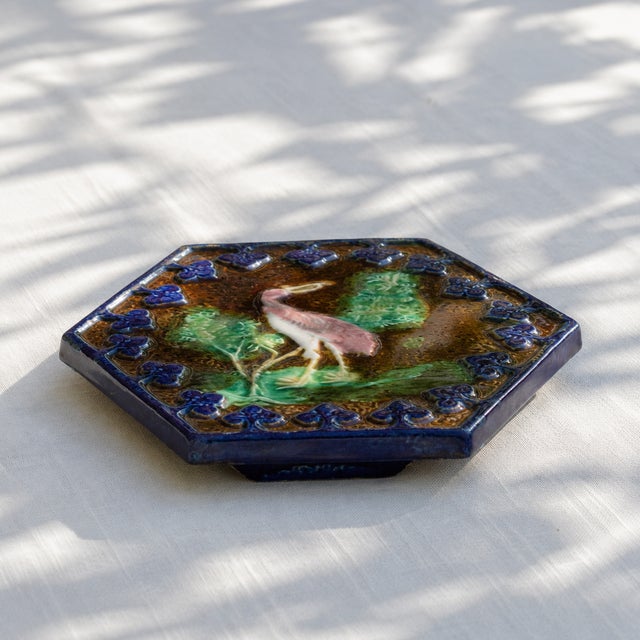 French Trivet in Polychrome Barbotine with Pink Bird, 1860 For Sale - Image 4 of 8