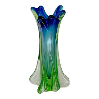 Vintage Murano Glass Blue Green Vase For Sale