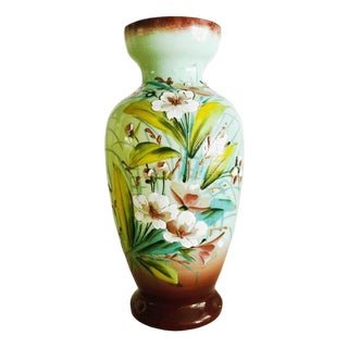 Antique Art Nouveau Uranium Floral Opaline Glass Vase, 1900s For Sale