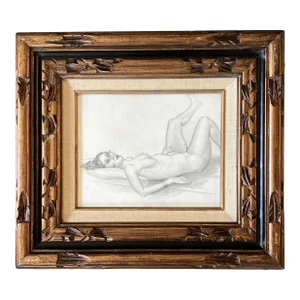 1950’s Original Female Nude Charcoal Study Drawing Ornate Vintage Frame