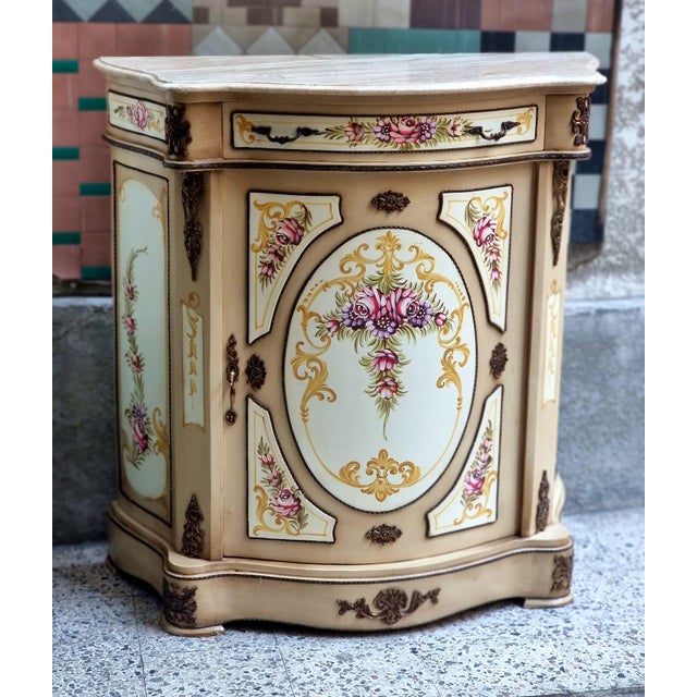 French French-Style Floral Cabinet – Hand-Painted Romantic Details, Marble Top & Ornate Bronze Accents For Sale - Image 3 of 3